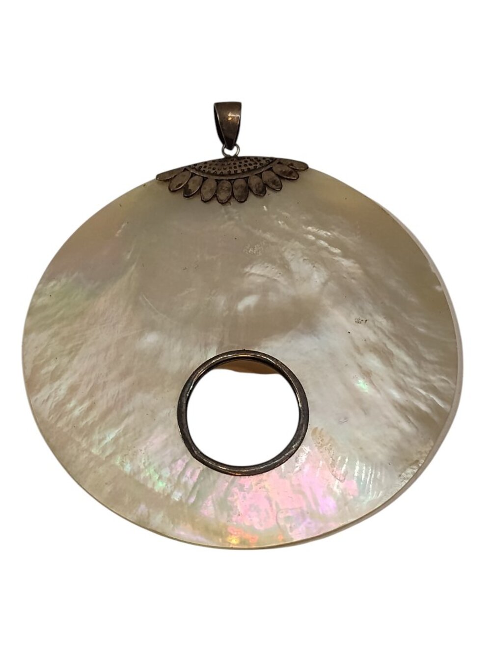 Vintage Sterling Silver Mother of Pearl Shell Large Disc Pendant Charm 925 MOP